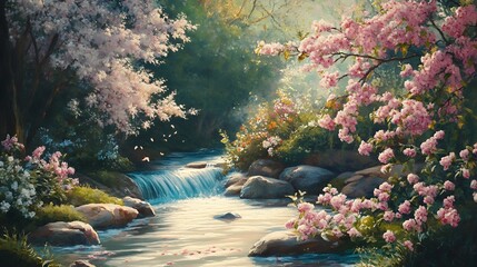 Wall Mural - Serene Waterfall Scene with Blooming Pink Flowers and Lush Greenery