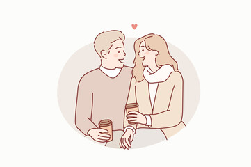 couple drinking their morning coffee or tea. hand drawn style vector design illustrations.