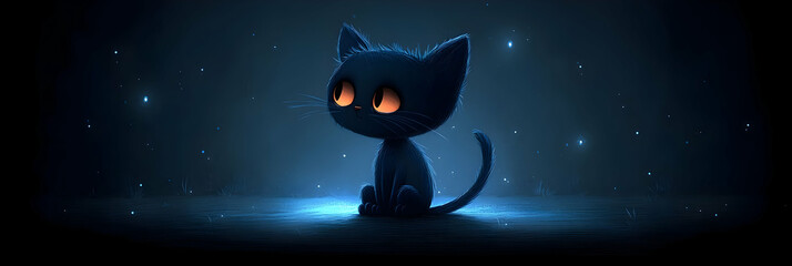 Wall Mural - Cute Kitten Illustration Dark Night