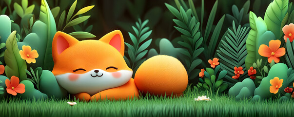 Wall Mural - Cute Fox 3D Illustration in Lush Garden