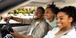 © Prostock-studio - Side View Of Cheerful Family Driving A Car Having Road Trip. Parents And Daughter Sitting In Automobile Seats Smiling Looking Aside. Auto Leasing And Purchase. Selective Focus