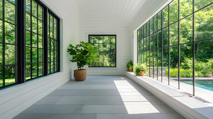 Fototapete - A bright, airy room featuring large windows, a minimalist design, and greenery, creating a serene indoor-outdoor connection