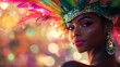 © Bruno Adachi - Close-Up of a Beautiful Carnival Dancer Wearing a Glittering Colorful Headpiece and Sparkling Makeup, Radiating Elegance and Joy During Brazilian Carnival Celebrations