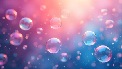 Poster - Colorful abstract bubbles gently floating amidst a soft, blurred background of pink and blue light, creating a dreamy and vibrant atmosphere