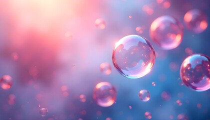 Poster - Colorful abstract bubbles gently floating amidst a soft, blurred background of pink and blue light, creating a dreamy and vibrant atmosphere