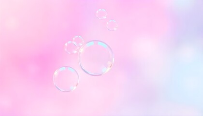 Poster - Colorful abstract bubbles gently floating amidst a soft, blurred background of pink and blue light, creating a dreamy and vibrant atmosphere
