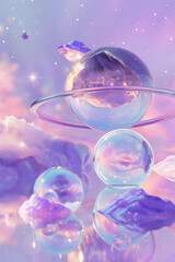 Wall Mural - glass planet reflecting on purple surface with floating crystals and stars