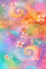 Wall Mural - pastel colored flowers floating on a swirling candy background