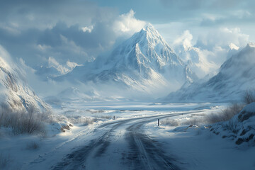 Canvas Print - Frosty Arctic Road with Polar Vistas, Icy and Remote in the Winter Landscape