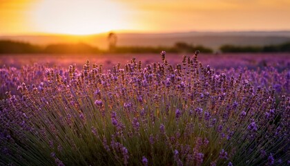 Sunset over a field of purple lavender.