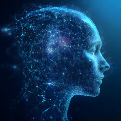 Wall Mural - abstract illustration of ai visualization. dark blue background. a face consisting of glowing digita