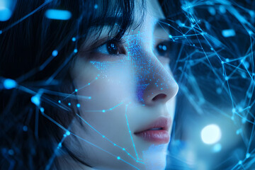 Wall Mural - image of a girl with a hologram of a digital network and connections. technological design. interact