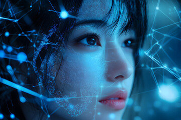 Wall Mural - image of a girl with a hologram of a digital network and connections. technological design. interact