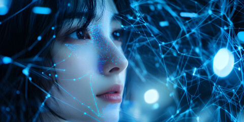 Wall Mural - image of a girl with a hologram of a digital network and connections. technological design. interact