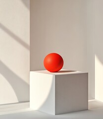 Fototapete - Red sphere on white cube in sunlit room.