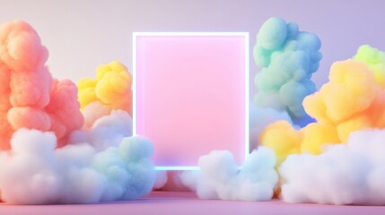 Wall Mural - a vibrant neon square emerges from soft, fluffy clouds in pastel colors, creating a whimsical and et