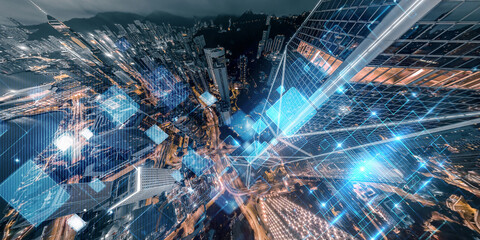 Poster - Abstract concept of Hong Kong's cityscape at night, overlaid with digital network data streams.  A futuristic vision of urban connectivity.