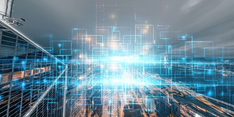 Poster - Abstract concept of a futuristic Hong Kong cityscape, interwoven with glowing digital data streams and connections.