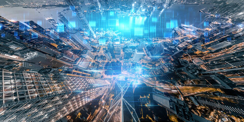 Poster - Abstract concept depicting a futuristic Hong Kong cityscape, interwoven with digital data streams and glowing blue energy.
