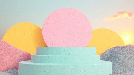 Wall Mural - colorful shapes rise from layered terrain, creating a surreal atmosphere under a gentle sunset glow