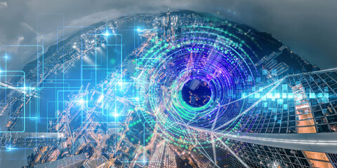 Leinwandbilder - Abstract concept of Hong Kong's cityscape interwoven with a vibrant digital network, visualized as a glowing eye.