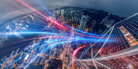 Poster - Abstract concept of Hong Kong's vibrant, interconnected city at night, depicted with dynamic light trails showcasing its complex infrastructure.