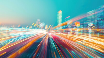 Wall Mural - vertical light streaks convey movement through a lively cityscape at dusk, capturing the energy of u