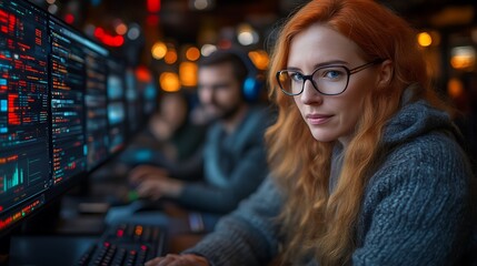 Focused female programmer working late at night with colleagues.