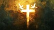 © Julia - Conceptual graphic of glowing Christian cross with three white doves, symbolizing Jesus Christ's victorious sacrificial work of salvation. Art composed against abstract oil painted background.