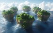 © Generasi - Five lush green islands float on a calm ocean, surrounded by fluffy white clouds under a bright sky.