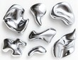 © Fitri - Abstract silver metallic shapes, liquid metal forms, glossy reflective blobs on white.