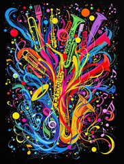  Abstract Jazz Music Session Poster with Vibrant Hand-Drawn Elements. Artsy promo flyer or invitation. Colorful part woman go. Design for wall art, art prints, posters, and cards