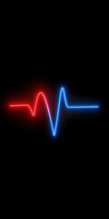 Wall Mural - Abstract neon heartbeat line glowing in red and blue on a black background, energetic and dynamic, medical tech focus.