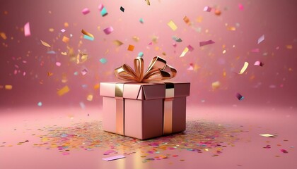 A beautifully wrapped pink gift box surrounded by colorful confetti, creating a festive and celebratory atmosphere.