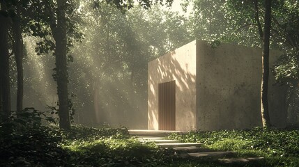 Canvas Print - Sunlit concrete cube structure in a misty forest.