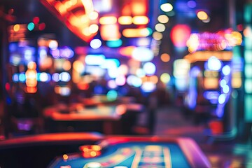 dynamic casino floor with multiple gaming tables and bright neon signs captured in vibrant ambient l