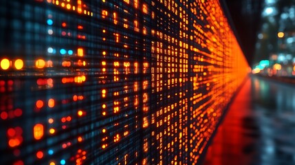 Glowing digital code wall at night.