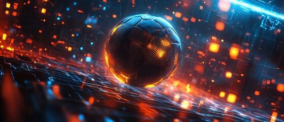 Fototapete - Futuristic cyber sport background with a glowing football ball in the center