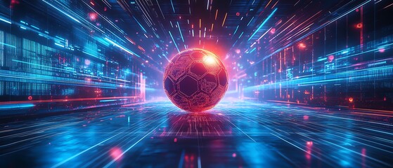 Fototapete - Futuristic cyber sport background with a glowing football ball in the center