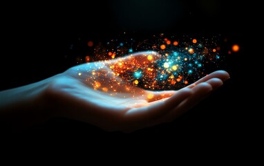Fototapete - A hand holding a digital interface showcasing networking and technology icons