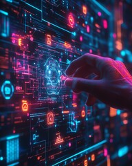 Poster - Futuristic digital hand touching a hightech data interface, floating icons and holographic elements, neon glow, dynamic lighting effects, sharp details, sleek modern style