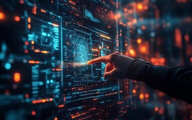 Leinwandbilder - Futuristic digital network with a person controlling holographic virtual screens