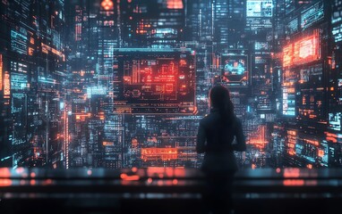 Leinwandbilder - Futuristic digital network with a person interacting with floating holographic screens, advanced technology, glowing neon interface, highdefinition details, sleek modern design