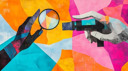 Wall Mural - Modern art collage featuring two hands in a minimalist or pop-art style. One hand is holding a magnifying glass, while the other hand is holding a small telescope. Incorporate layered paper 