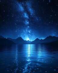 Milky Way over tranquil lake and mountains at night.