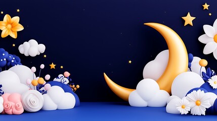 Wall Mural - Dreamy Night Scene with Crescent Moon and Flowers