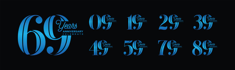 Wall Mural - set of 9 to 99 years anniversary logo designs, with creative blue numbers on black background for celebration events, and birthdays, vector illustration