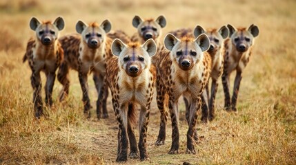 a pack of hyenas scavenging in the african wilderness.