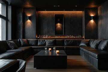 Wall Mural - Dimly lit lounge with black leather sofas, low coffee table, and a single wall sconce. Dark accent walls with minimal decor, creating a chic atmosphere.