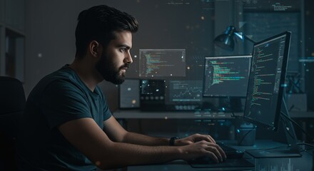 Focused Programmer Coding Late Night Software Development Project Digital Screen man web code work male dark  